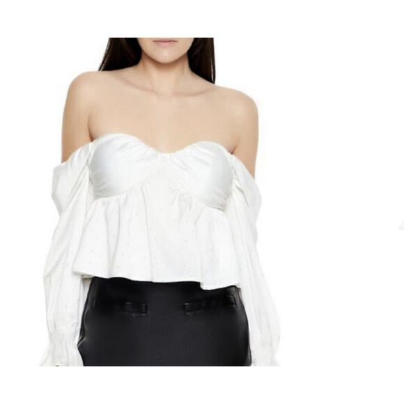 NWT Forever 21 White Off-the-Shoulder Bustier Crop Top With Rhinestone Size S - Picture 1 of 6